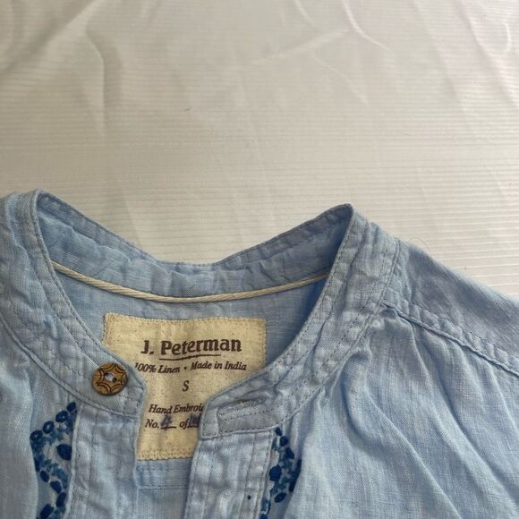 J. Peterman Ancient Roads Blue 100% Linen Embroidered Short Sleeve Shirt Small - Picture 3 of 7